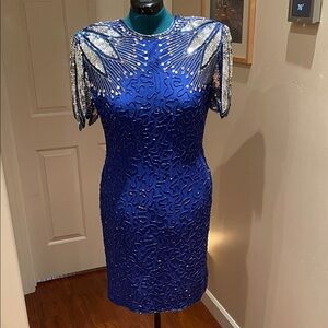 Laurence Kazar Blue and Silver Embellished Mini Dress